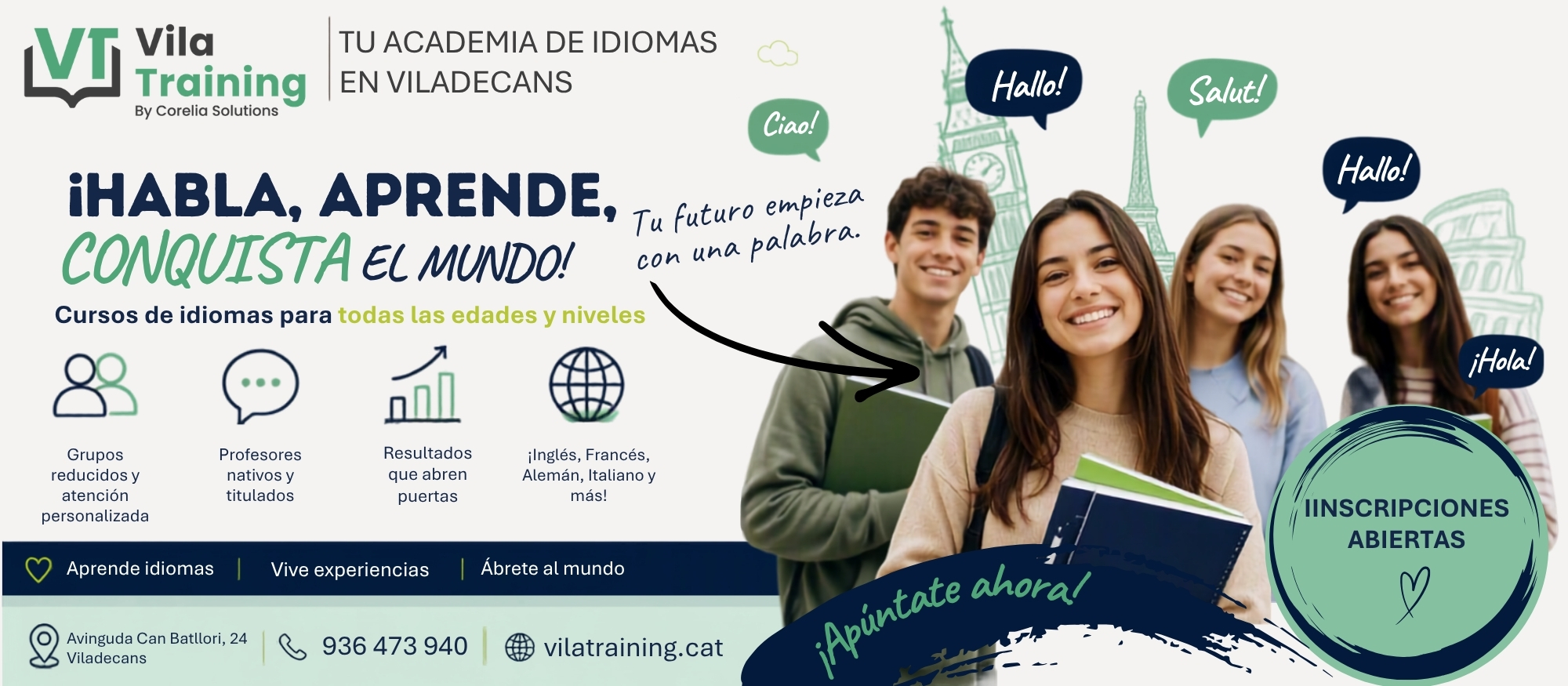 Cursos de idiomas: Cursos de inglés, francés, alemán e italiano en Vila Training, Viladecans, para todas las edades y niveles. Inscripciones abiertas.