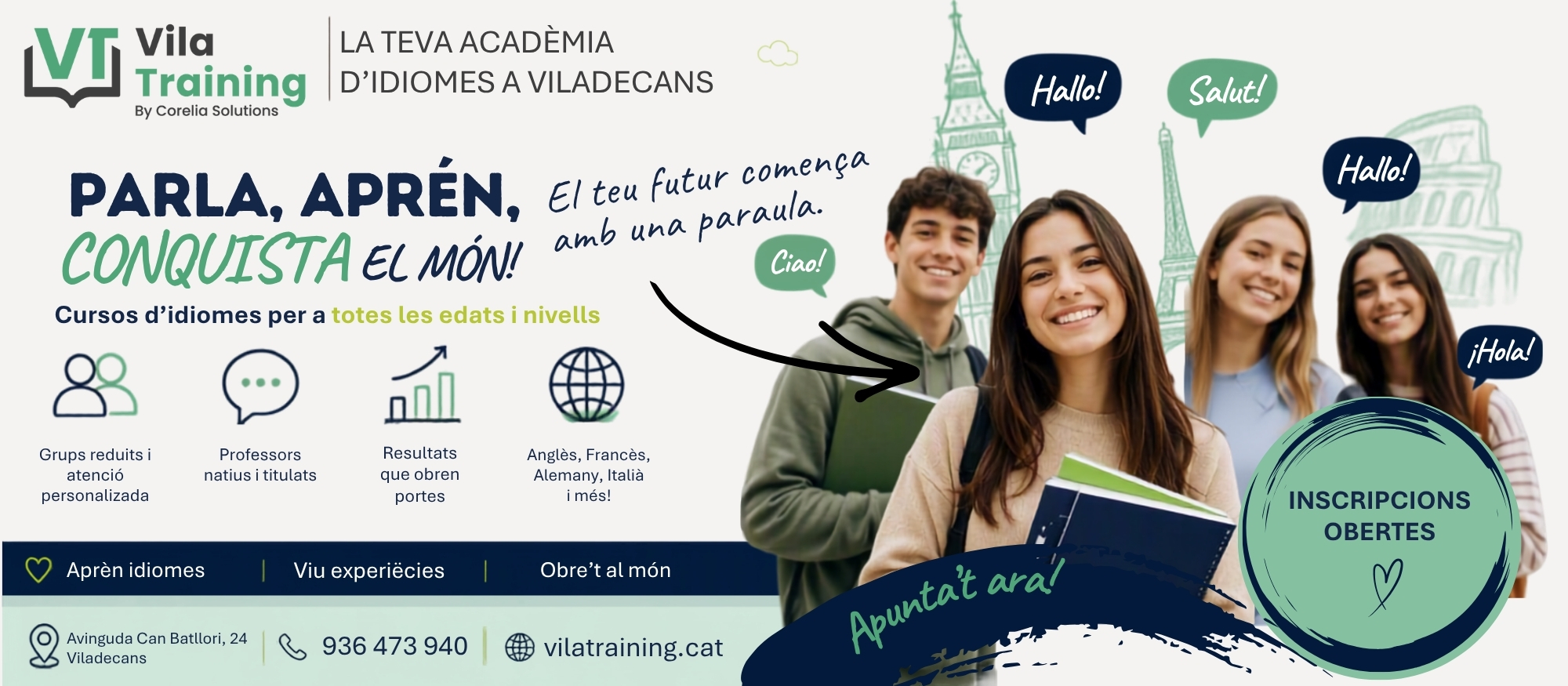 Cursos d’anglès, francès, alemany i italià a Vila Training, Viladecans, per a totes les edats i nivells. Inscripcions obertes.